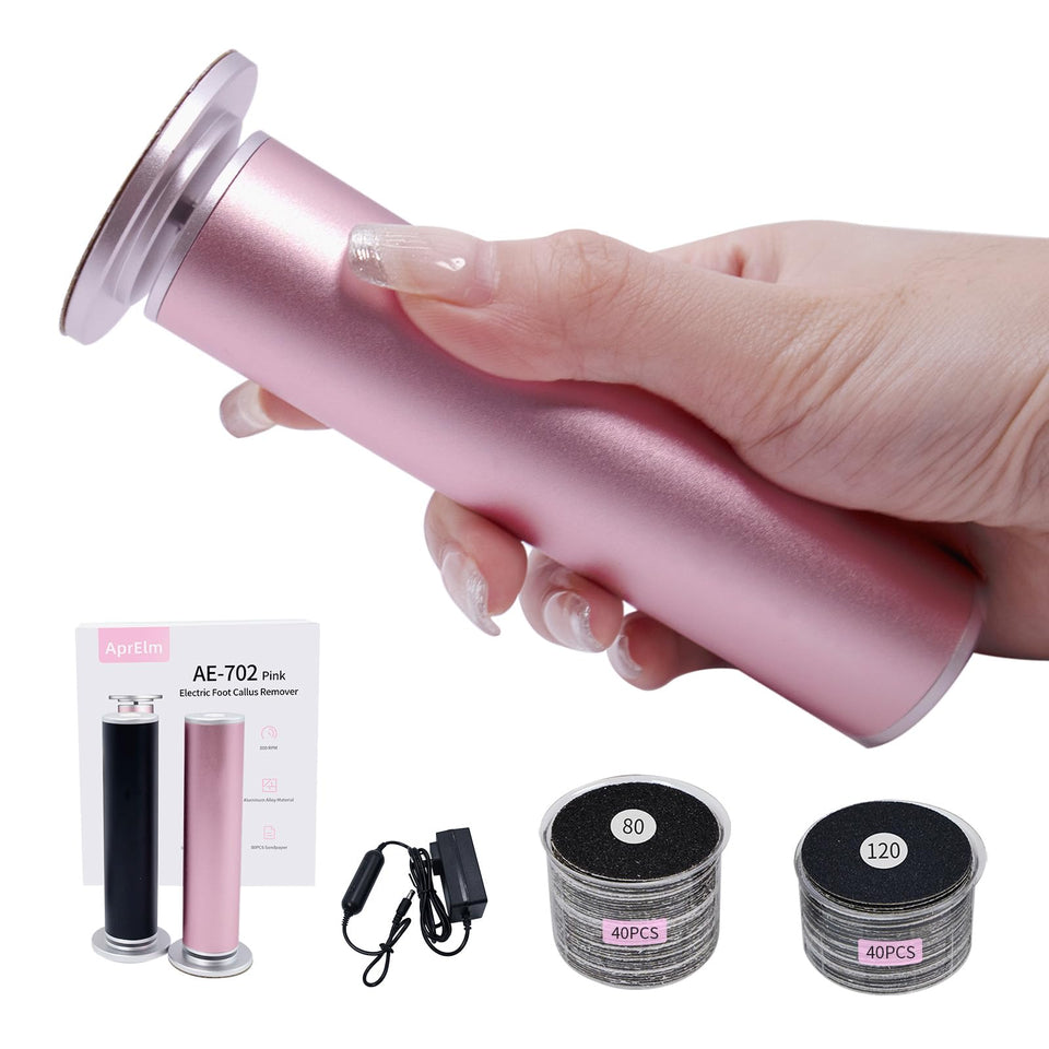 APRELM front view of electric callus remover showing ergonomic grip and controls, improved handling
