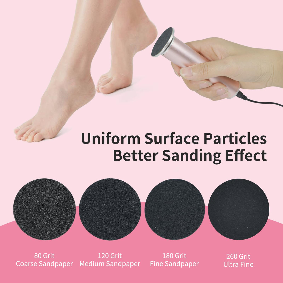 APRELM sandpaper attached to electric foot file head illustrating secure fit and easy use