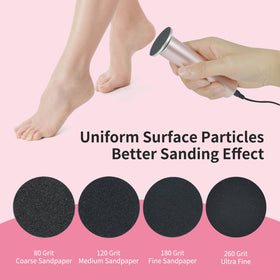 APRELM sandpaper attached to electric foot file head illustrating secure fit and easy use