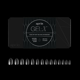 APRÉS front packaging showing 280 Gel-X Almond tips and included sizes for fast selection