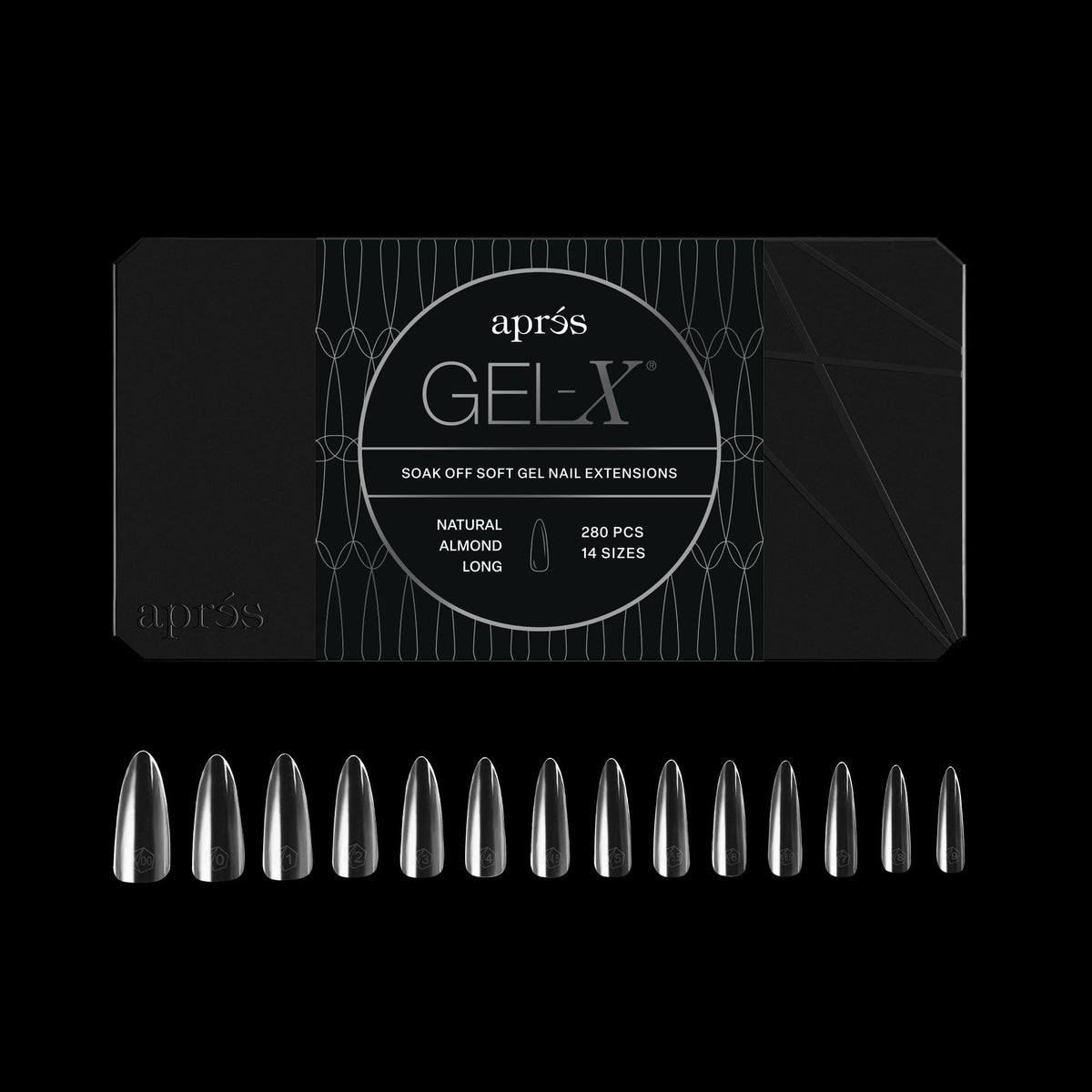 APRÉS front packaging showing 280 Gel-X almond tips and included sizes, easy ordering benefit