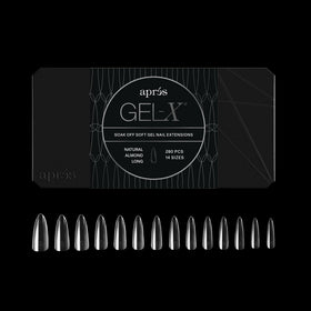 APRÉS front packaging showing 280 Gel-X almond tips and included sizes, easy ordering benefit
