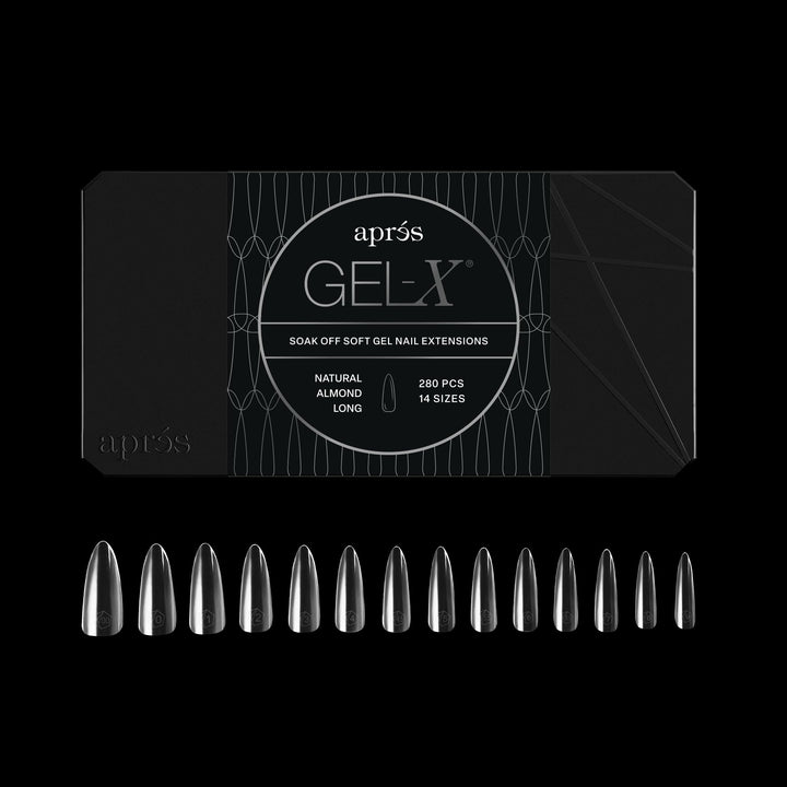 APRÉS front packaging showing 280 Gel-X almond tips and included sizes, easy ordering benefit
