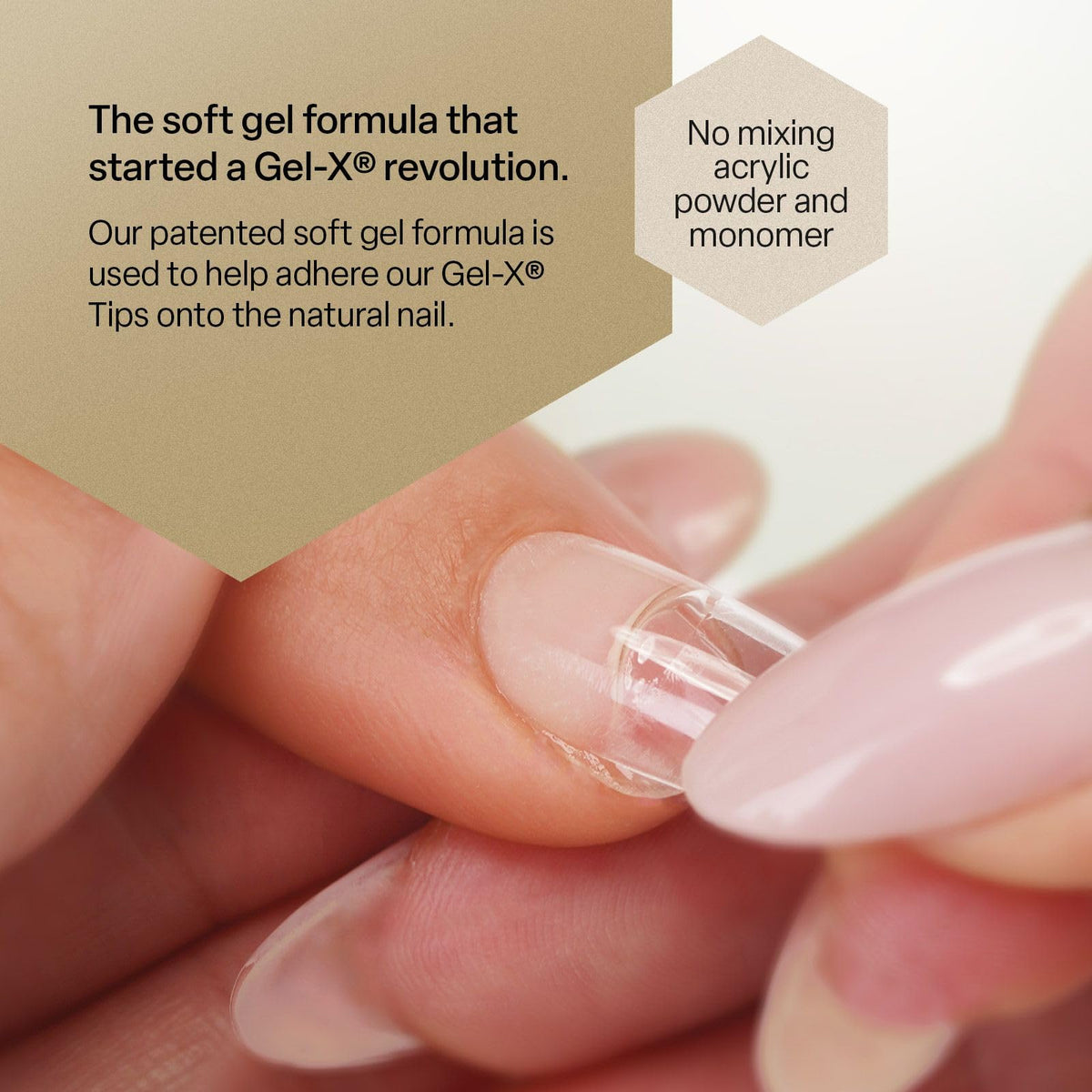 Hands applying APRÉS Extend Gel to Gel‑X tip demonstrating secure adhesion