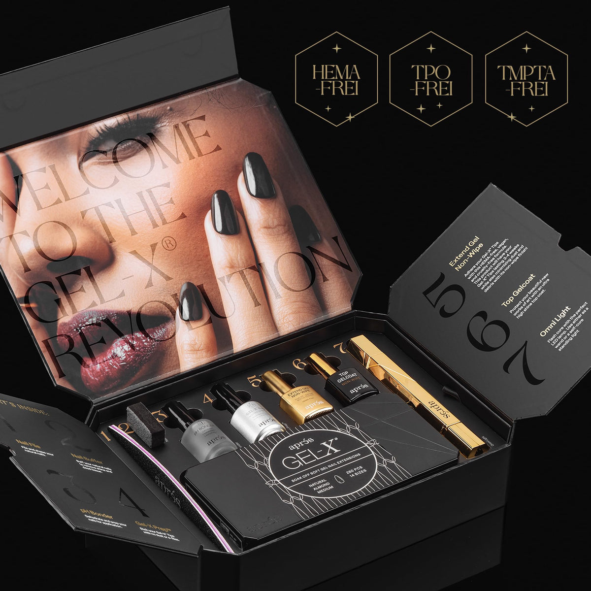 APRÉS Gel-X tips laid out 00–9 with half sizes for accurate sizing and selection