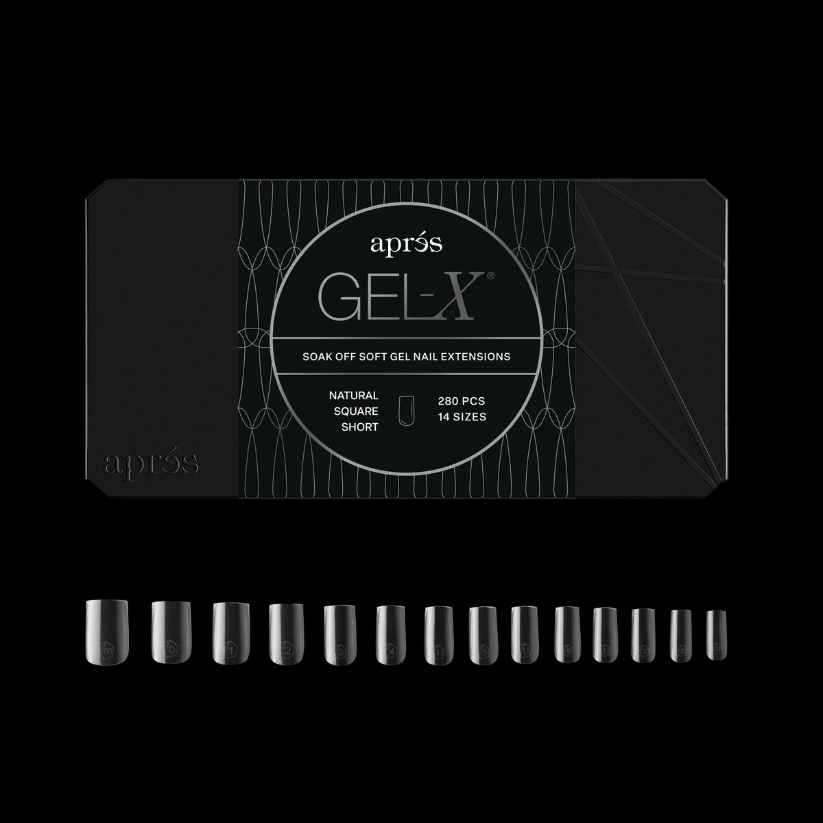 APRÉS front box of 280 Gel-X tips showing count and Natural Square Short benefit