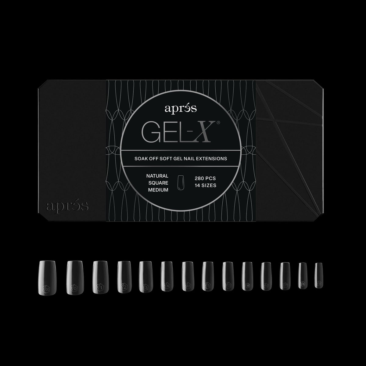 APRÉS front packaging displaying 280 Gel-X Square tips and benefits