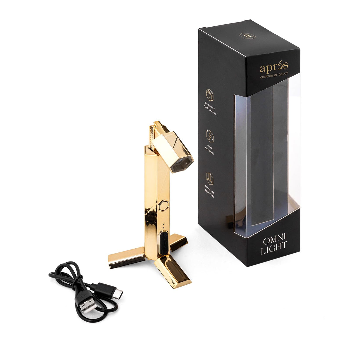 APRÉS Omni Light front view showing compact gold body and benefits for portable curing