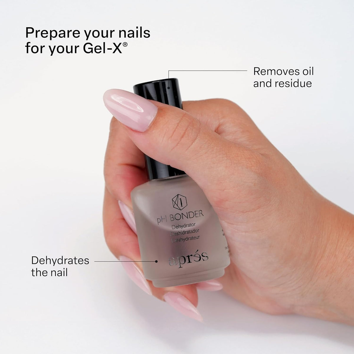 APRÉS pH Bonder bottle angled, demonstrating quick prep benefits