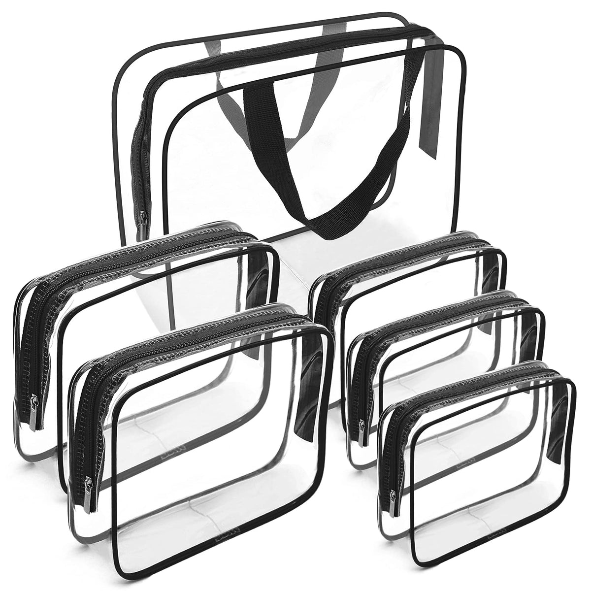 APREUTY clear makeup bags front view showing six-piece set and neat storage benefits