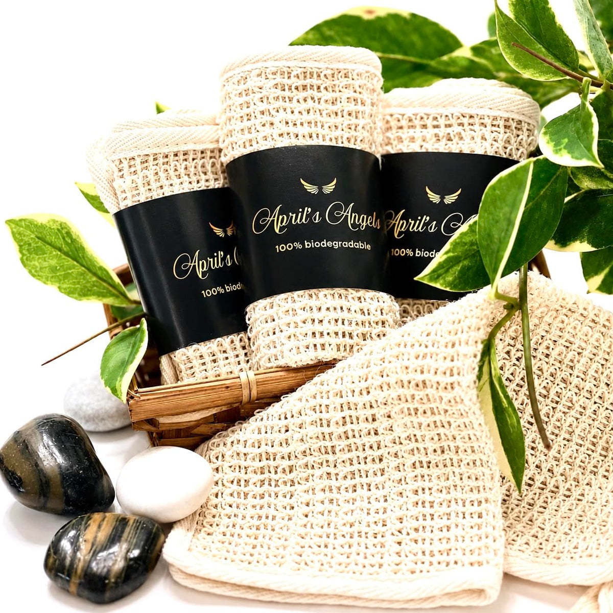 April's Angels front packaging showing three sisal washcloths offering gentle exfoliation