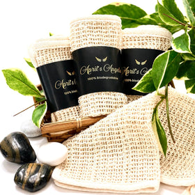 April's Angels front packaging showing three sisal washcloths offering gentle exfoliation