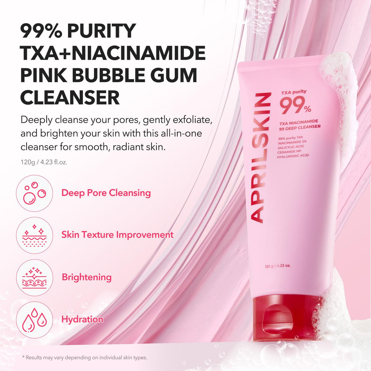 APRILSKIN close-up of chewy pink texture demonstrating lifting action