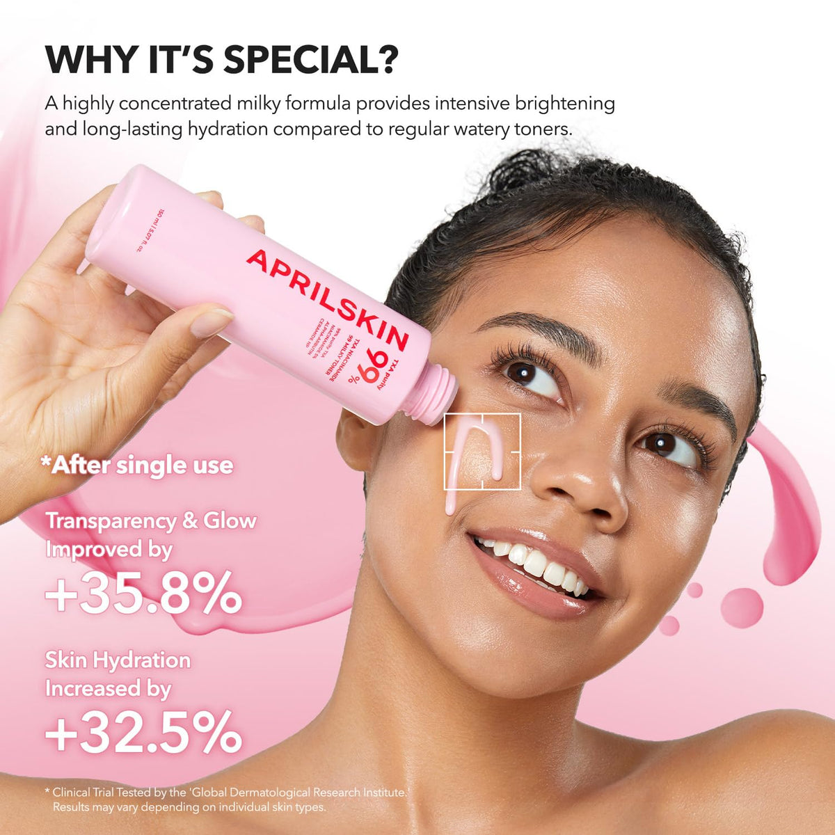 APRILSKIN pump dispensing droplet demonstrating easy absorption