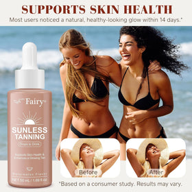 APU.FAIRY lifestyle image of person drinking mixed drops for a subtle bronze