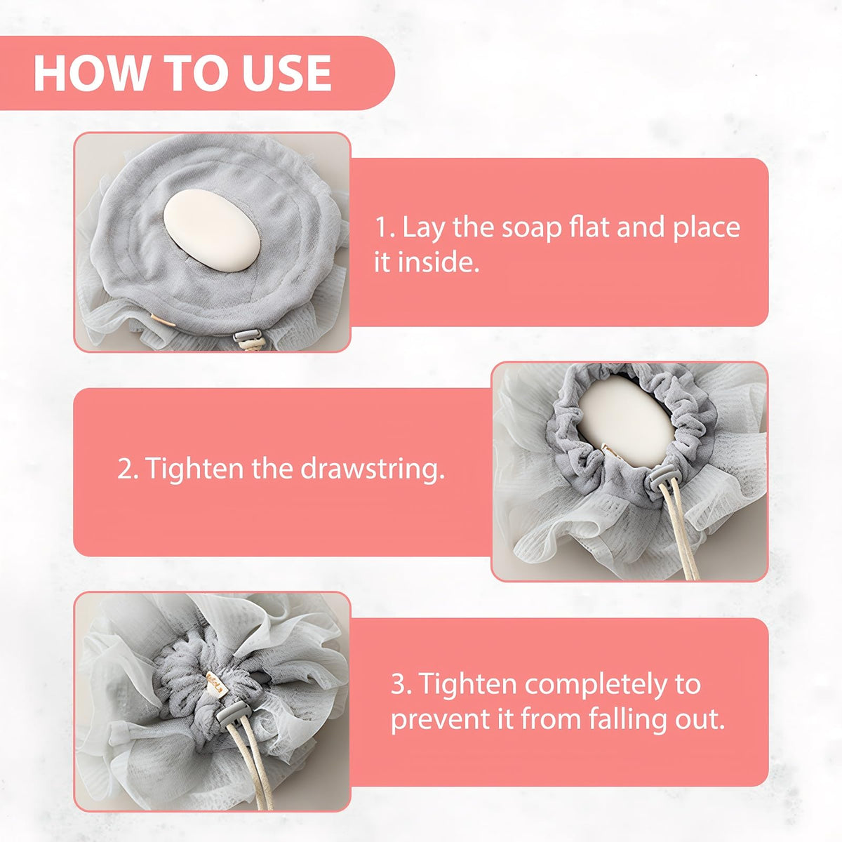 AQOYNQ pouch containing soap bar illustrating slip prevention and foaming benefit