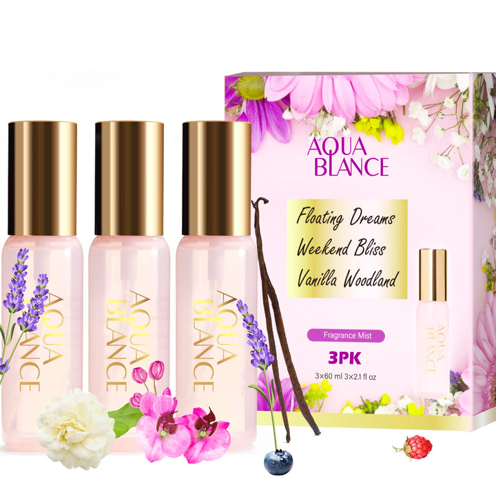 AQUA BLANCE front packaging trio showing three travel mists and portability benefit