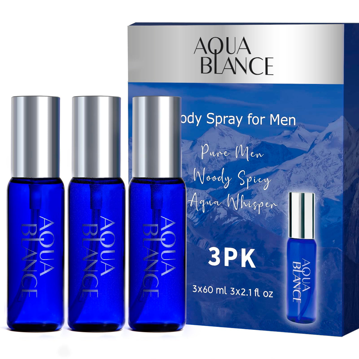 AQUA BLANCE front packaging showing three travel-size body sprays for convenience