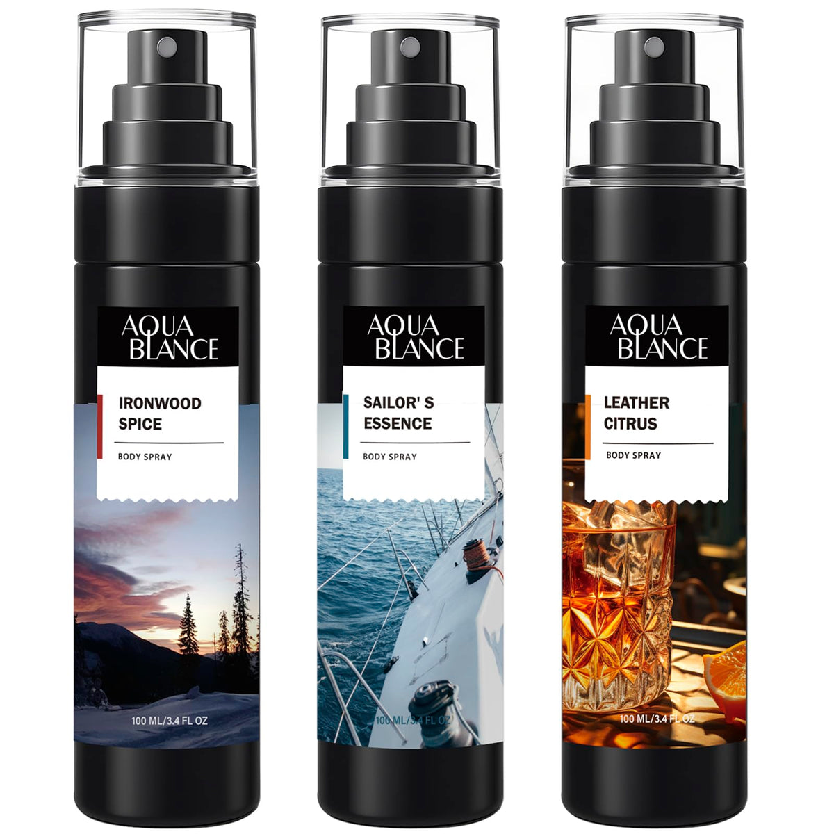 AQUA BLANCE front pack showing three cans and scent names for gifting benefit
