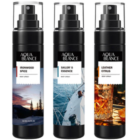 AQUA BLANCE front pack showing three cans and scent names for gifting benefit