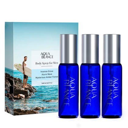 AQUA BLANCE front packaging showing three travel cans for easy selection