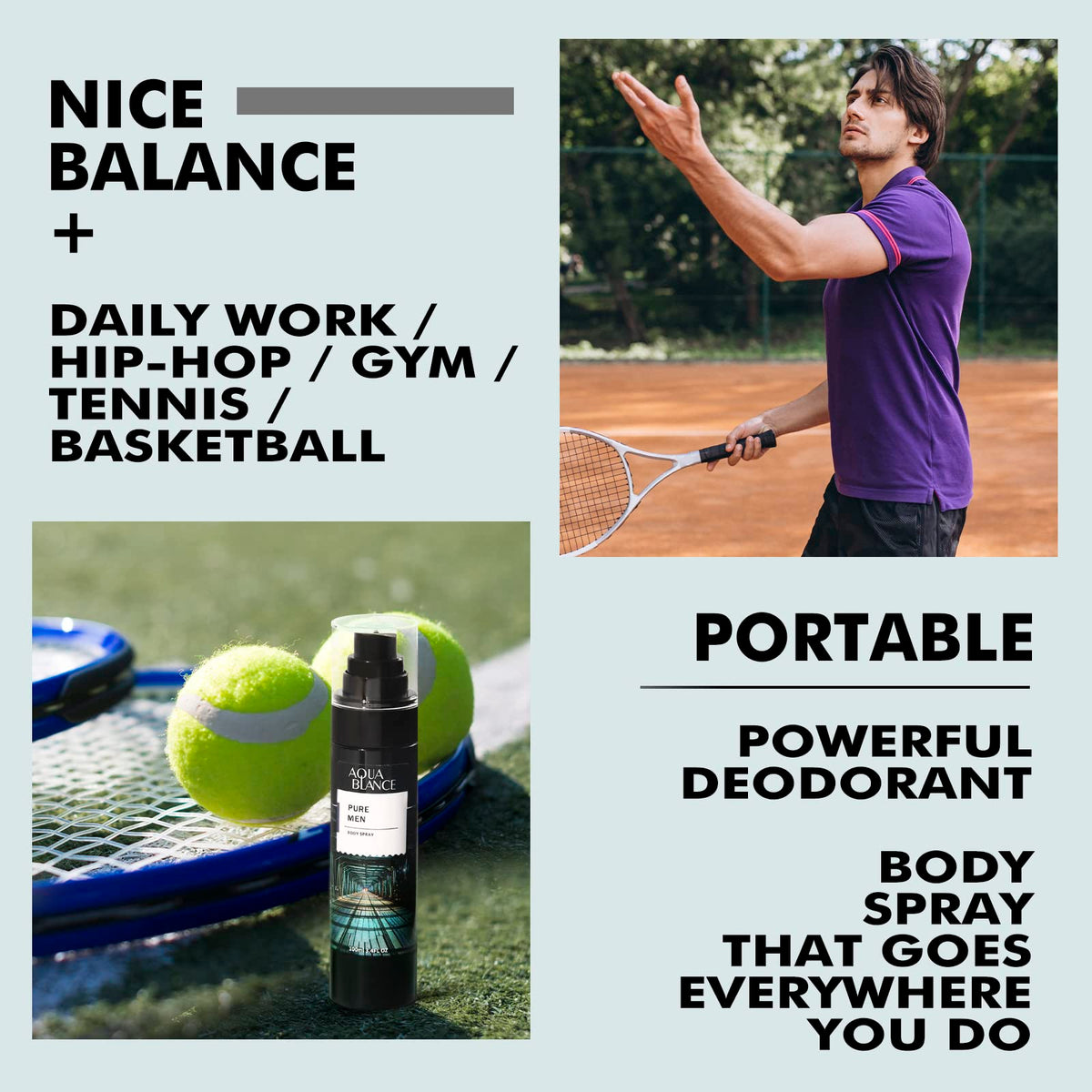 AQUA BLANCE trio placed next to a gym bag to suggest on-the-go freshness