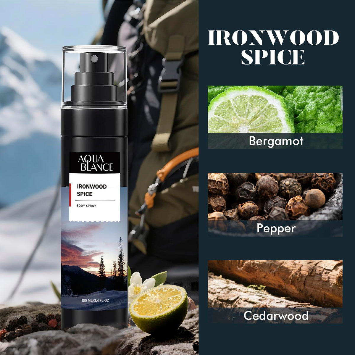 AQUA BLANCE Ironwood Spice close-up highlighting nozzle and bold woody appeal
