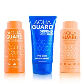 AQUA GUARD front packaging showing trio protects hair from chlorine