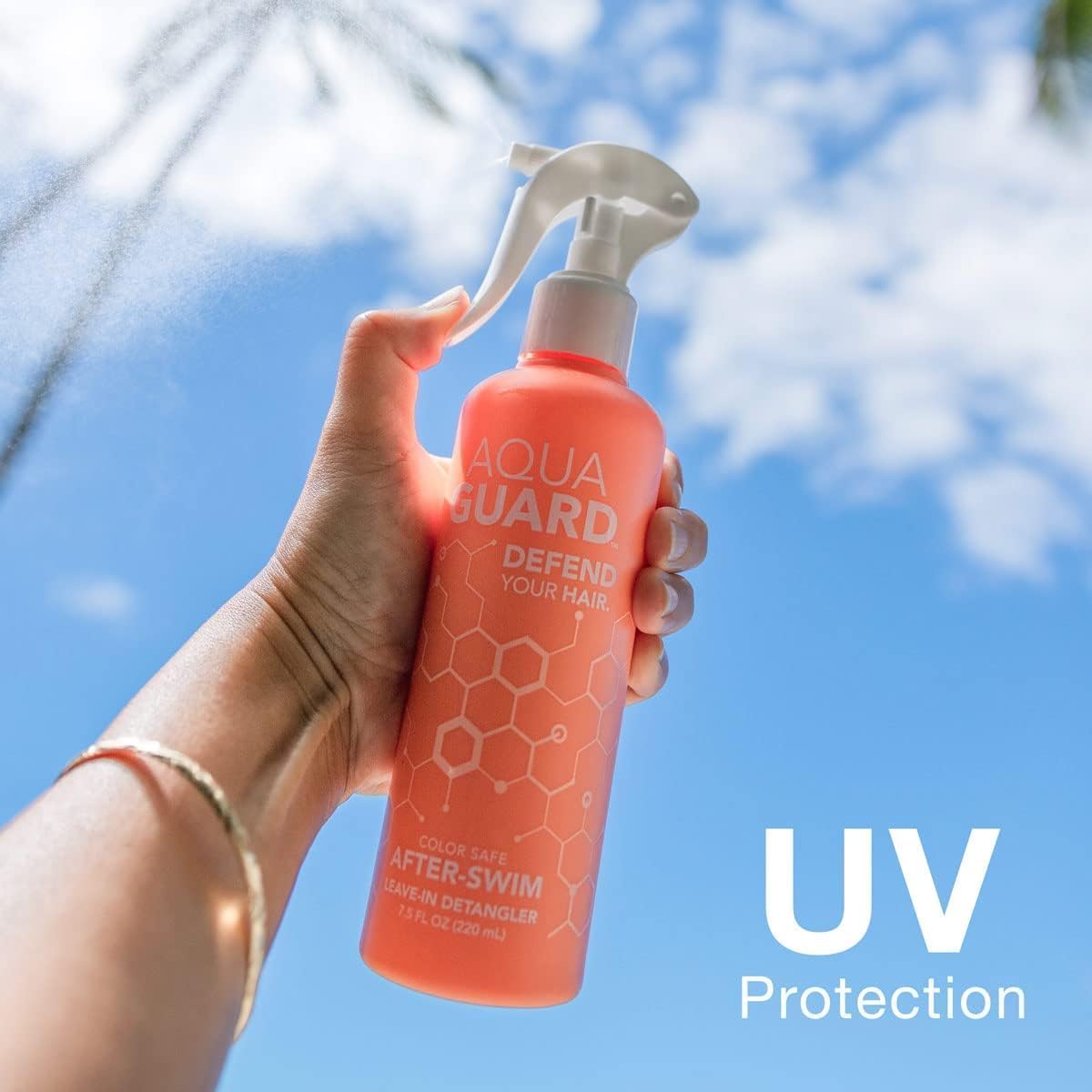 AQUA GUARD texture close-up of spray mist landing on hair for smoothness