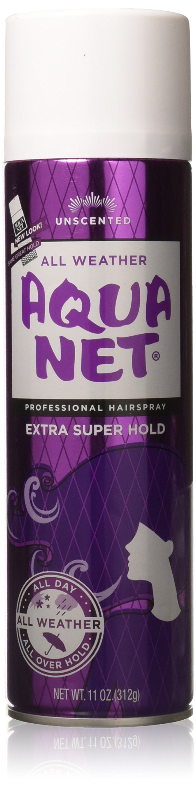 Aqua Net front packaging showing three 11 oz unscented cans and professional hold benefits