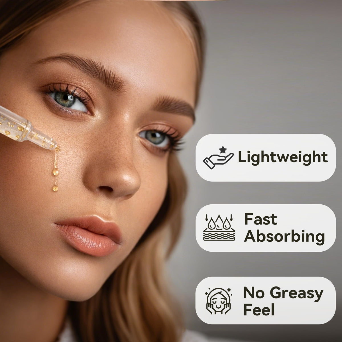 Aquae applying serum on hand demonstrating lightweight feel