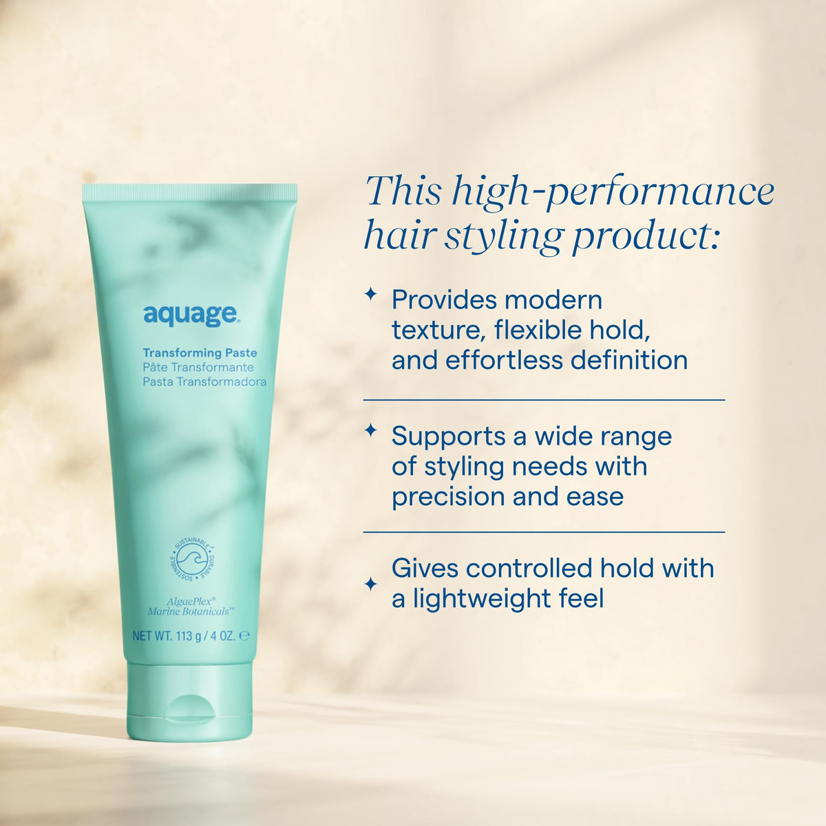 Aquage paste applied in hand demonstrating spreadability and effortless application benefit