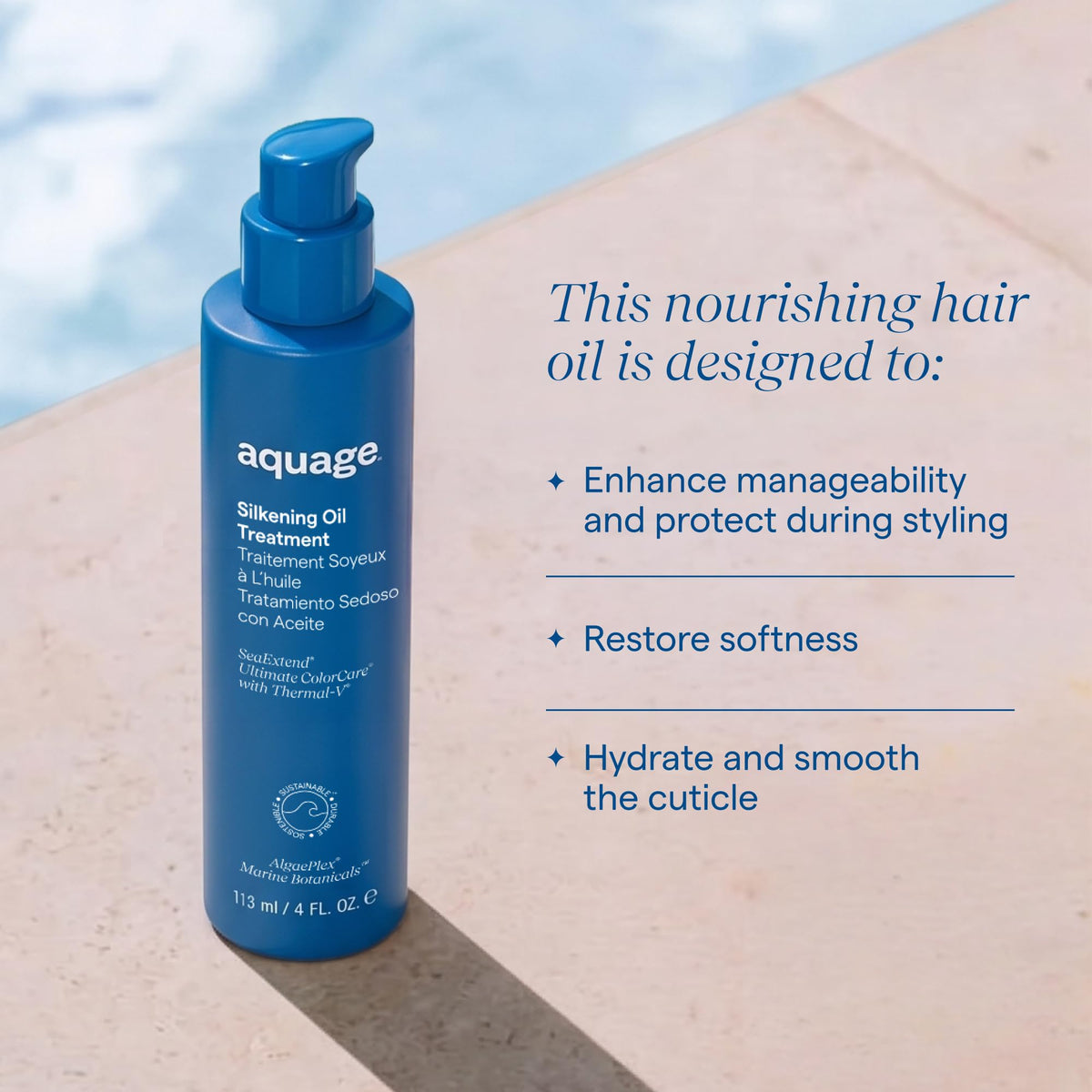 Aquage clear oil texture on hand demonstrating weightless absorption benefit