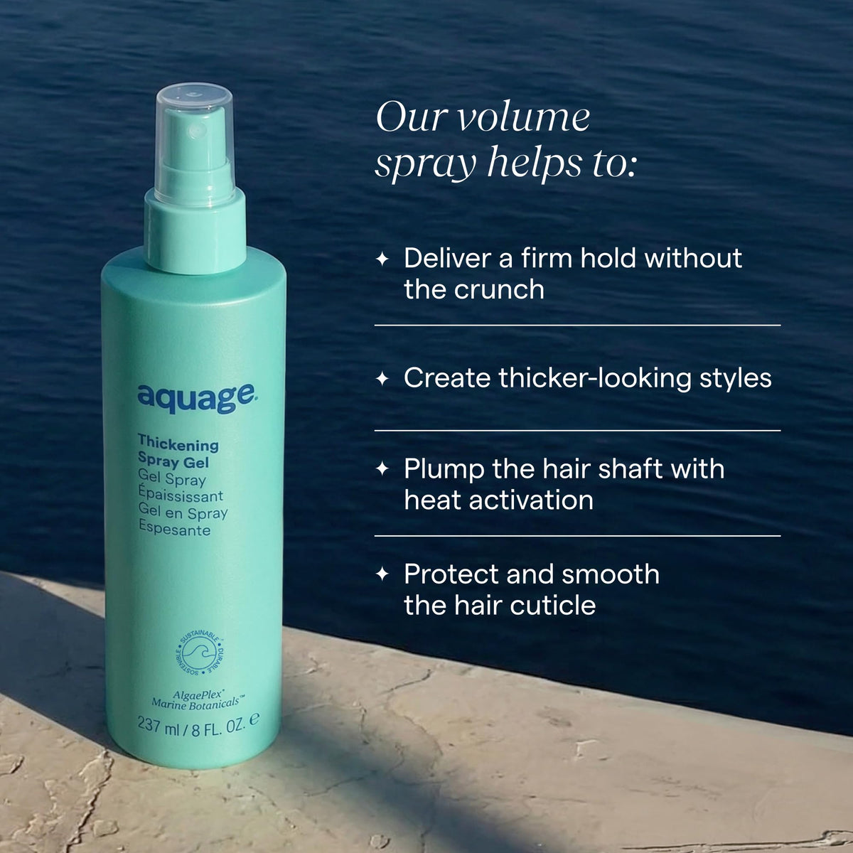 Aquage spray texture on hand illustrating lightweight, non-greasy feel