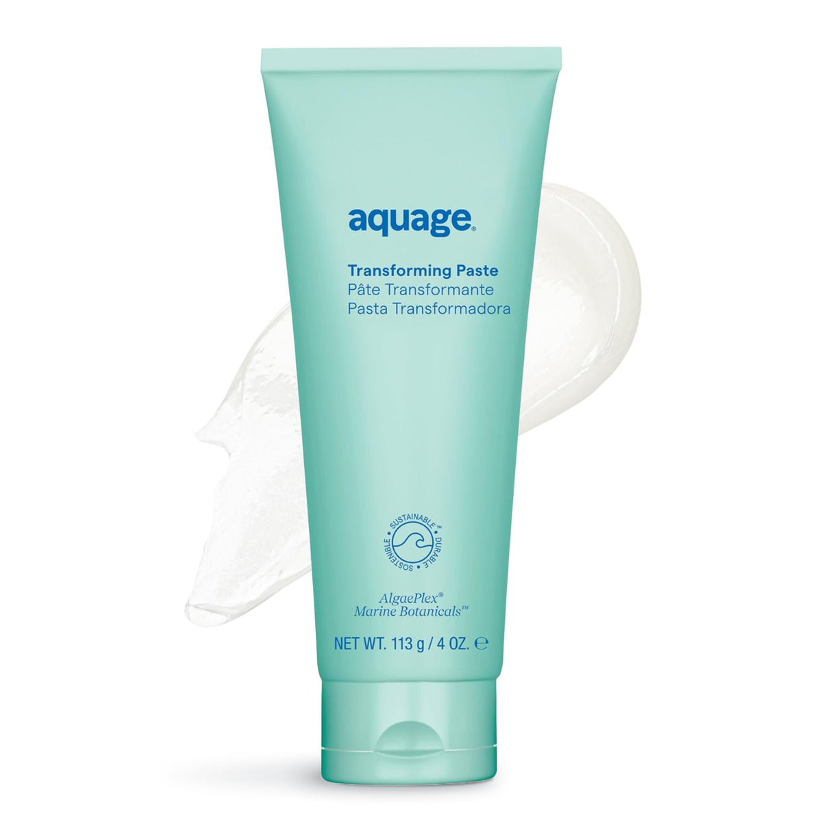 Aquage transforming paste front packaging showing jar and label benefit of clear product info
