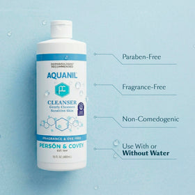 Aquanil bottle label detail highlighting fragrance-free, dye-free, hypoallergenic benefits