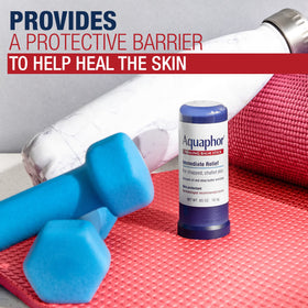 Aquaphor balm stick applied to lips for soothing, long-lasting relief
