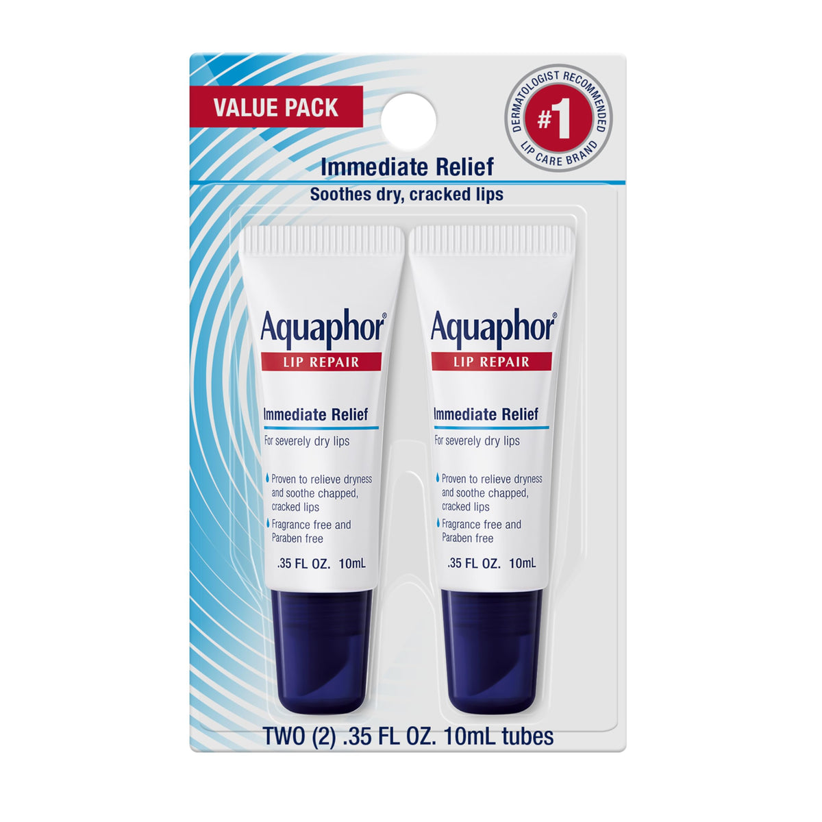 Aquaphor front packaging showing two lip repair tubes and soothing benefit