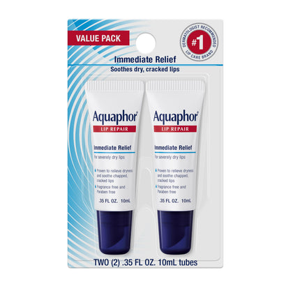 Aquaphor front packaging showing two lip repair tubes and soothing benefit