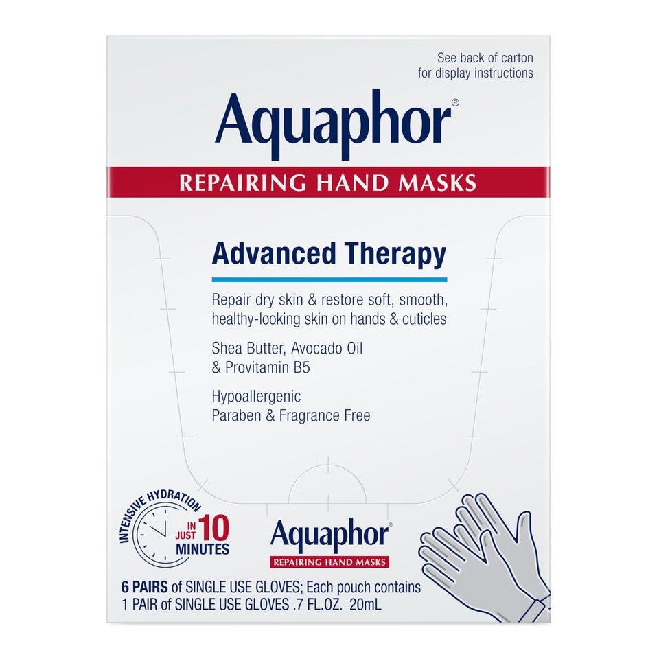 Aquaphor front packaging of repairing hand masks showing product name and pack size, convenient travel care