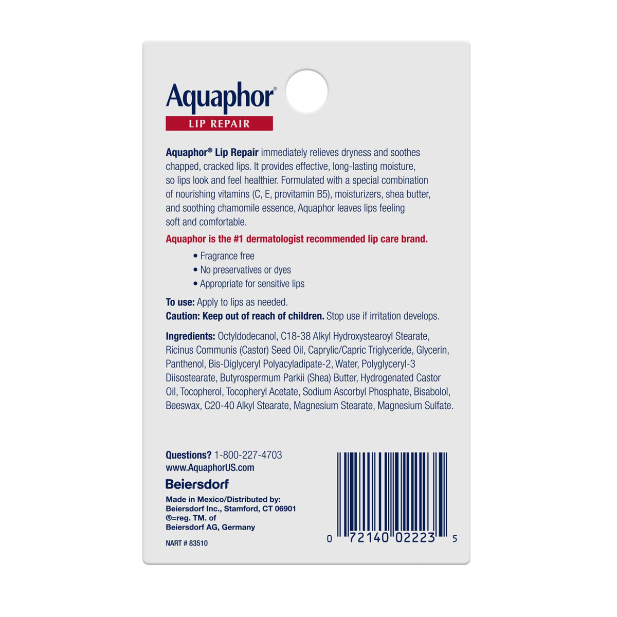 Aquaphor ingredient label close-up showing chamomile and shea butter benefits