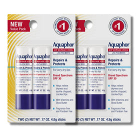 Aquaphor front packaging showing SPF 30 and four sticks for reliable protection