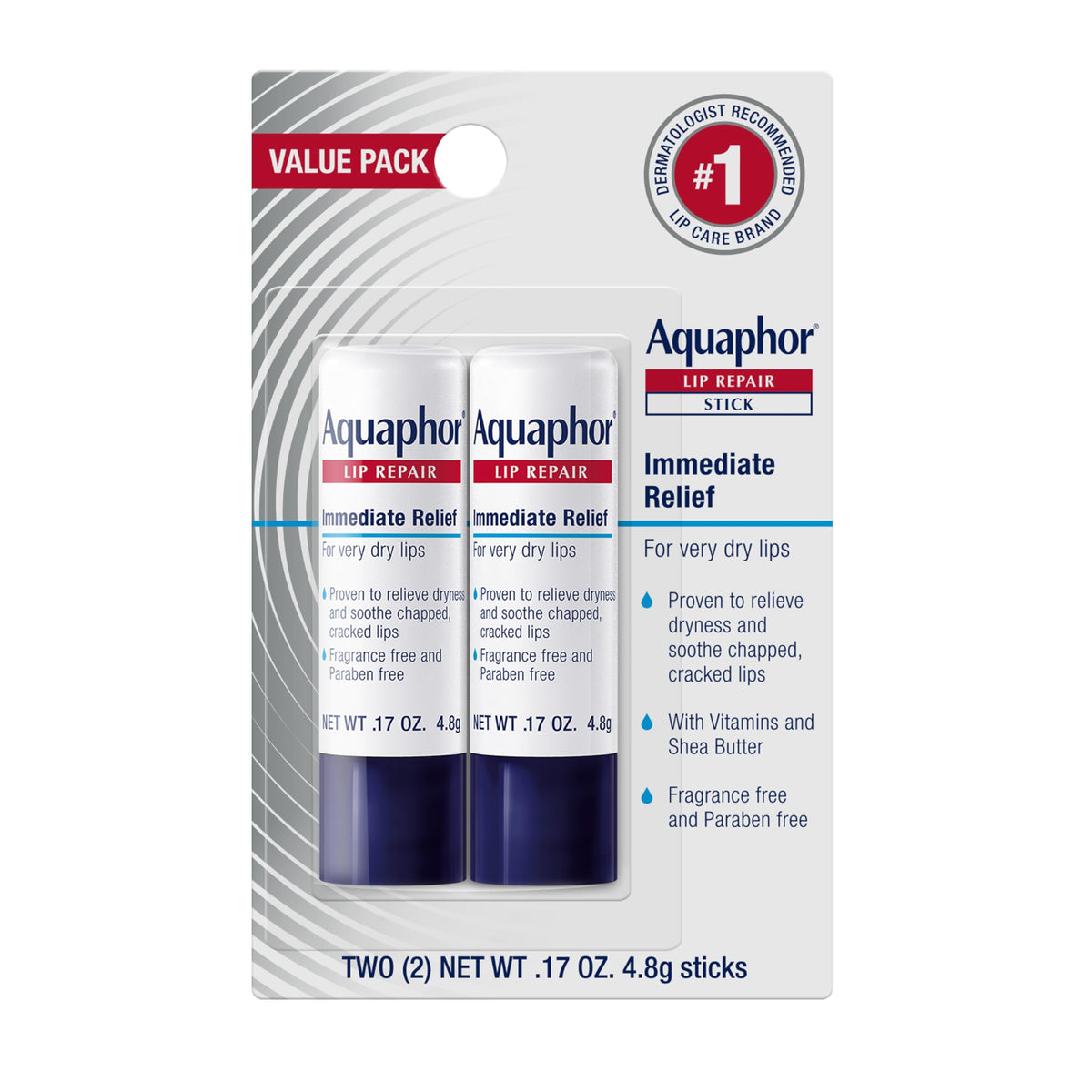 aquaphor lip repair stick front packaging shows two sticks and brand promise
