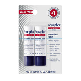 aquaphor lip repair stick front packaging shows two sticks and brand promise
