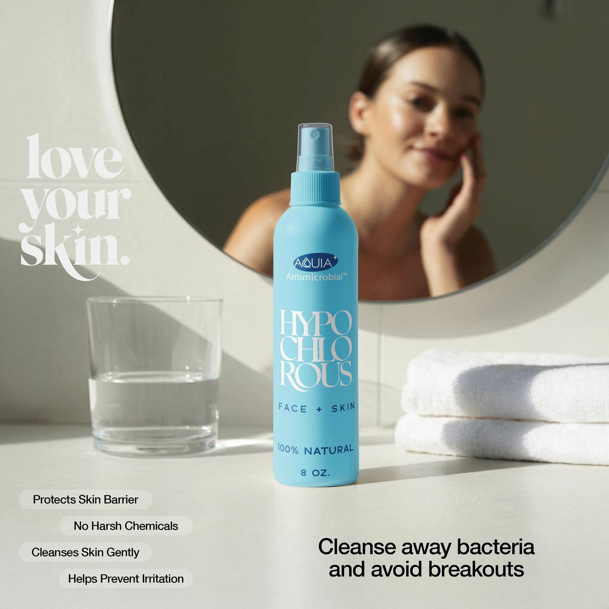 Aquia bottle on bathroom vanity beside skincare products, showing daily routine fit