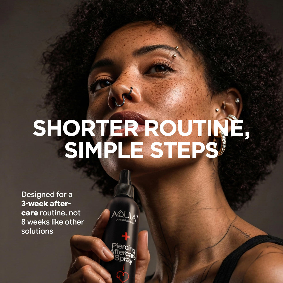 Aquia fine mist spray action demonstrating gentle coverage for piercings