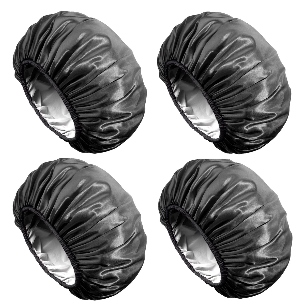 Aquior front packaging showing the all-black extra-large shower cap and 4-pack convenience