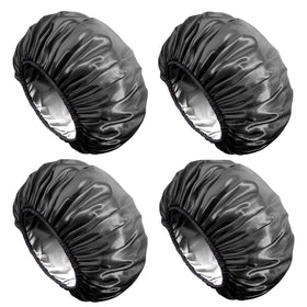Aquior front packaging showing the all-black extra-large shower cap and 4-pack convenience