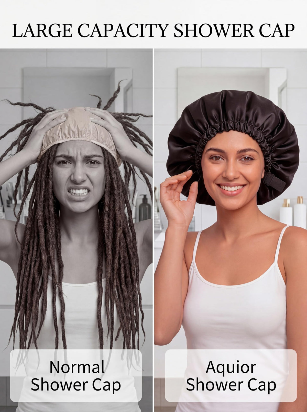 Aquior cap worn by model demonstrates large-size coverage benefit