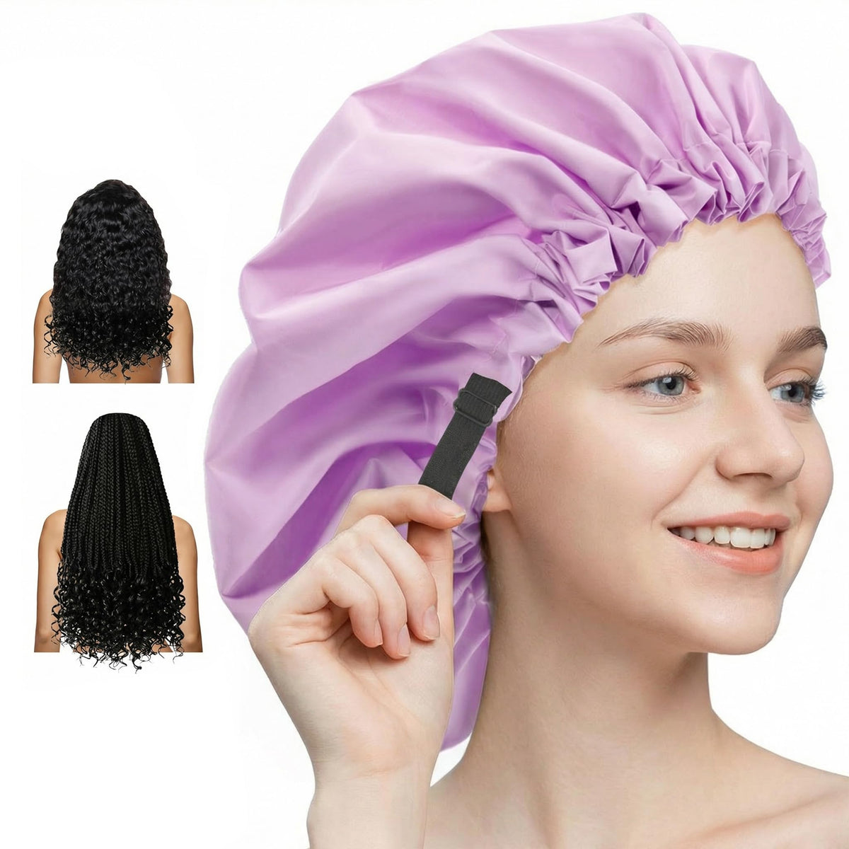 Aquior purple shower cap front view showing roomy fit and waterproof shell benefit